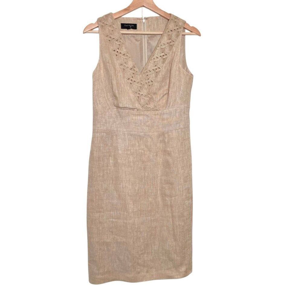 Talbots Linen Surplice Dress 6 Beige Embroidered Neckline Details V-Neck